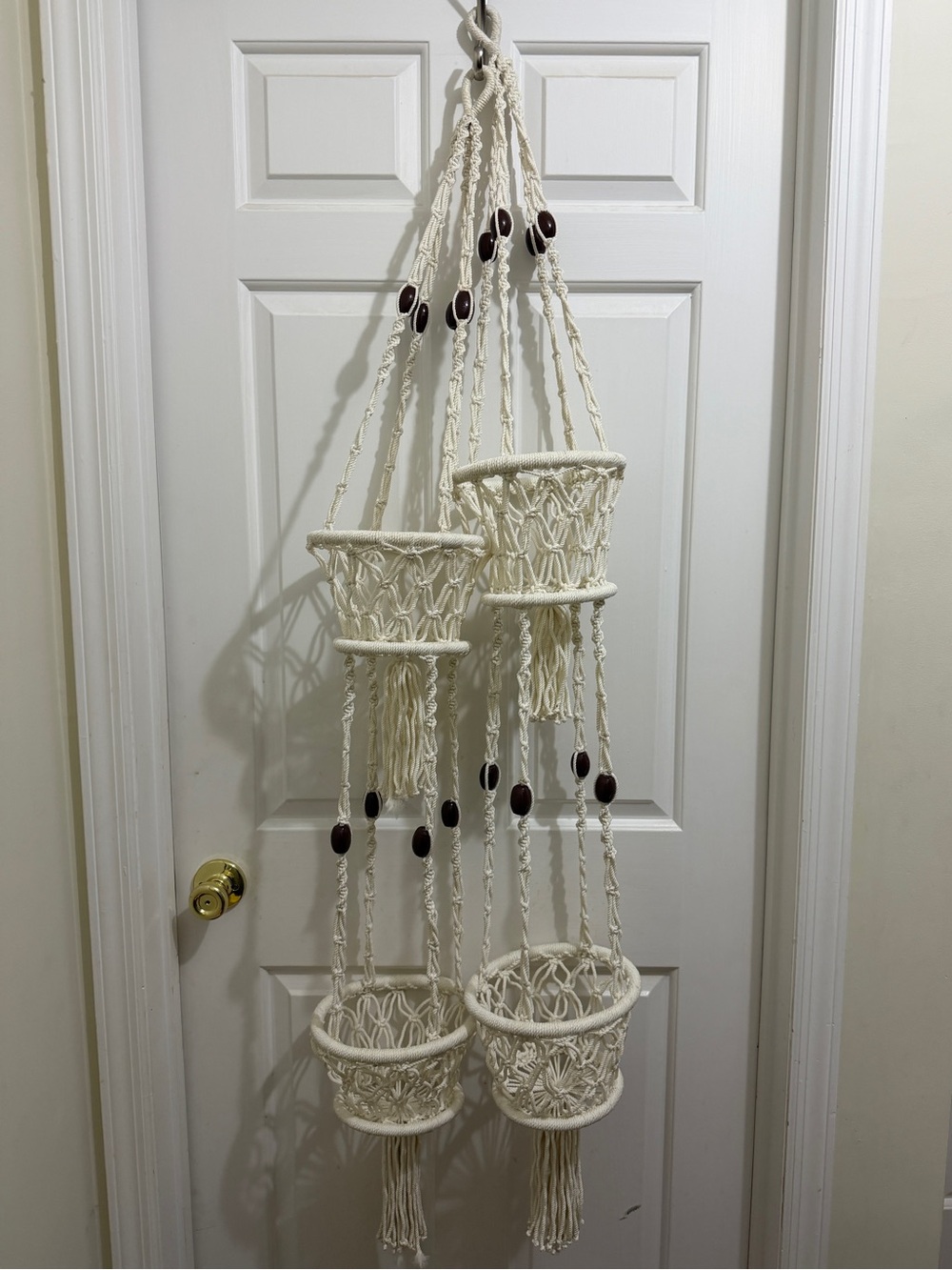 2 Vtg Macramé Hanging Planters 2 tier Pot Holders Cream Rope/Wood Beads, Tassels
